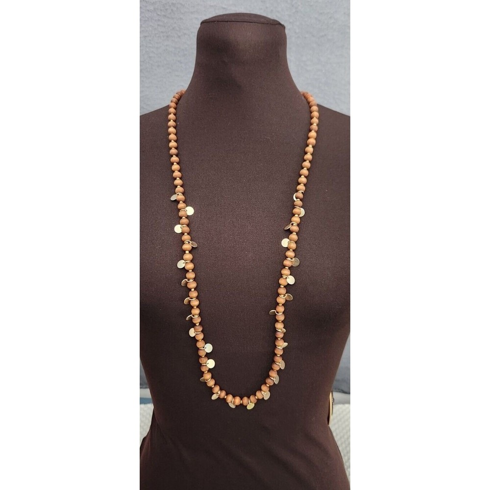 TALBOTS Wooden Beads Gold Coins STATEMENT NECKLACE NWT 17"